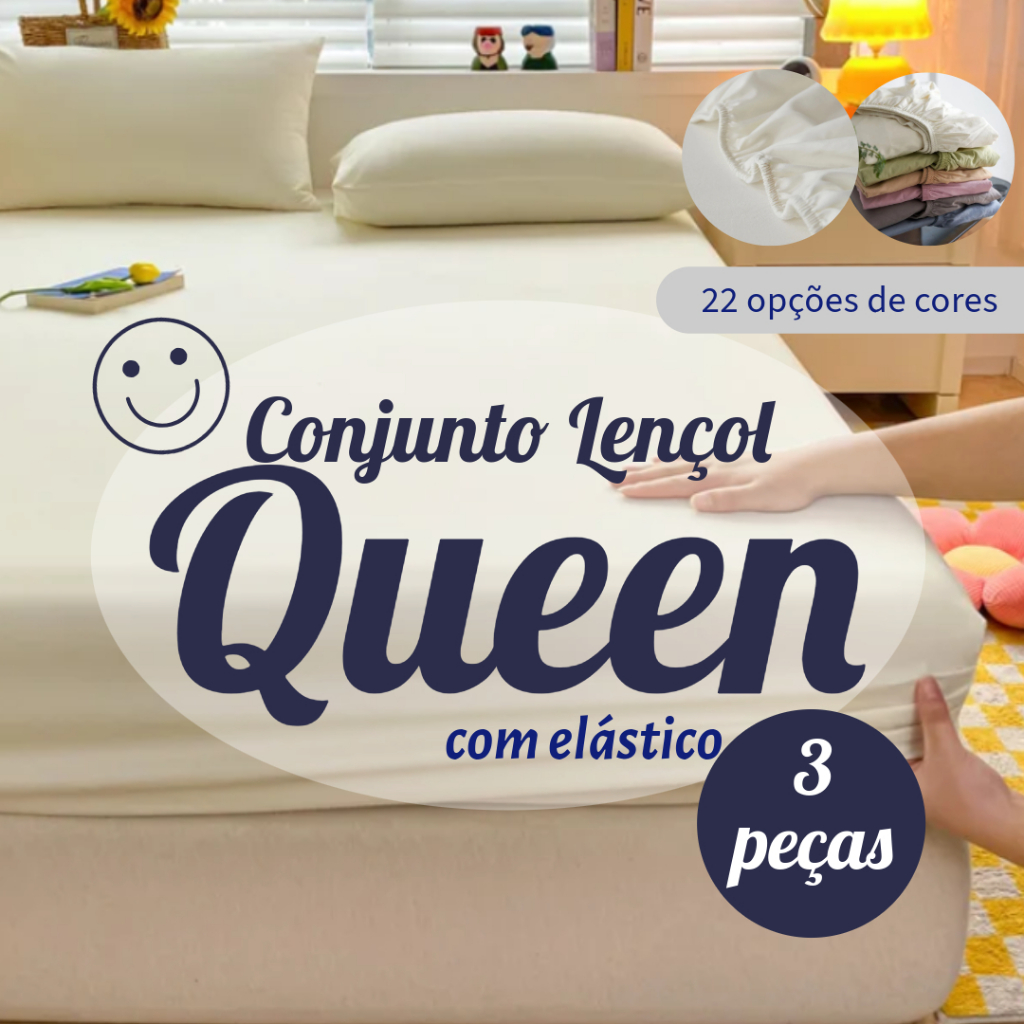 Jogo de Lençol Cama Queen Box 3 Peças Liso 1,98m x 1,58m x 30cm - Diversas Cores