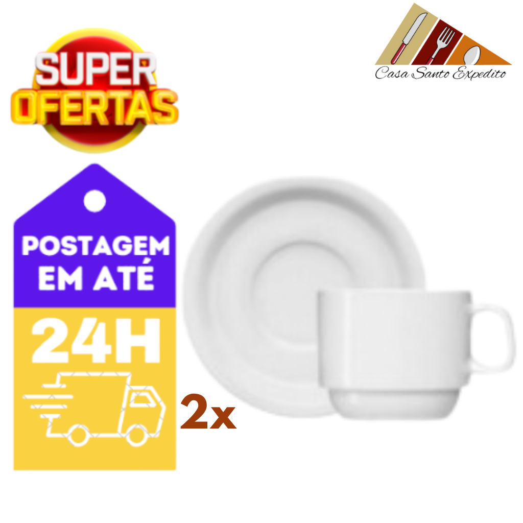 Conjunto 4 PÇS - 2 Xícaras Café Chá Porcelana Branca 200 ML + 2 Pires Porcelana Branco (ENVIO IMEDIATO)