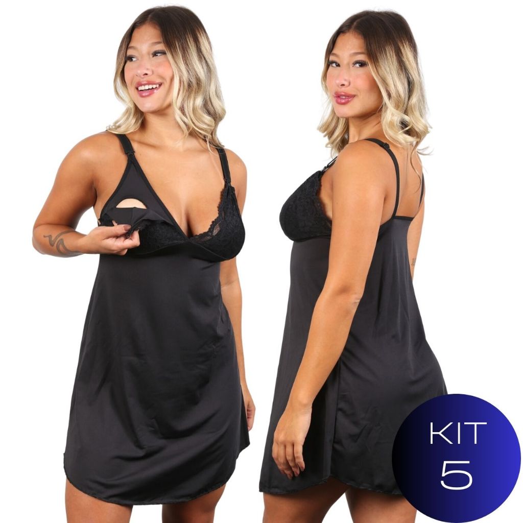 Kit 5 Camisola Amamentação Abre Fácil Gestante Grávida Pijama Conforto Pós Parto Maternidade Microfibra