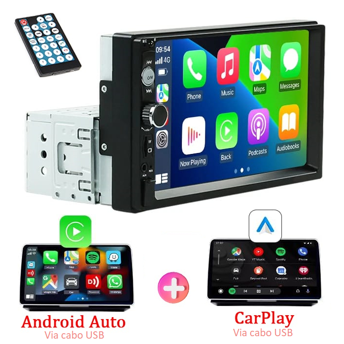 Central Multimídia MP5 1Din 7p, Bluetooth, CarPlay e Android Auto, USB, Espelha Waze, Maps, Spotfy