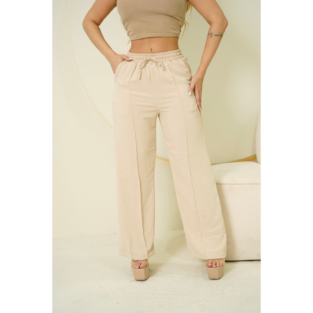 Calça Pantalona Wide leg Feminina com elástico na cintura e bolso Cintura Alta Levantam bumbum duna