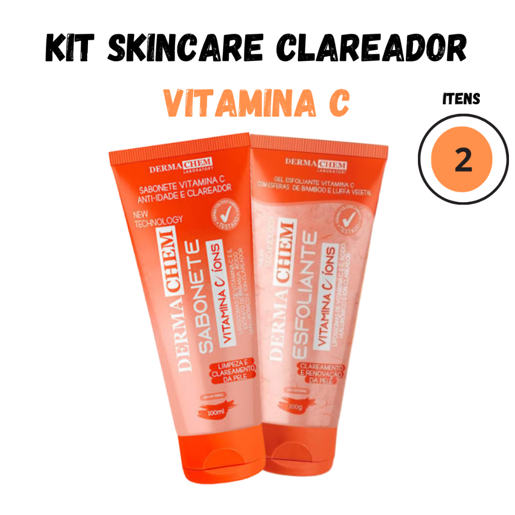 Kit Skincare Clareador Hidratante Limpeza de Pele Vitamina C Sabonete e Gel Esfoliante Dermachem