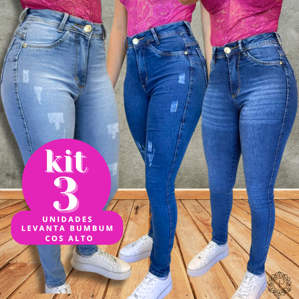 Kit 3 Calças Jeans Feminina Skinny Puido,Clara Bigode Elastano Cintura Alta Efeito Levanta Bumbum em Oferta na Shopee