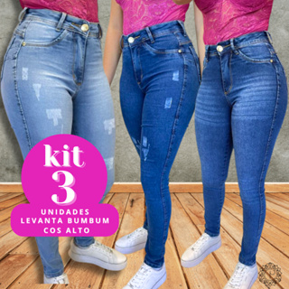 Kit 3 Calças Jeans Feminina Skinny Puido,Clara Bigode Elastano Cintura Alta Efeito Levanta Bumbum em Oferta na Shopee