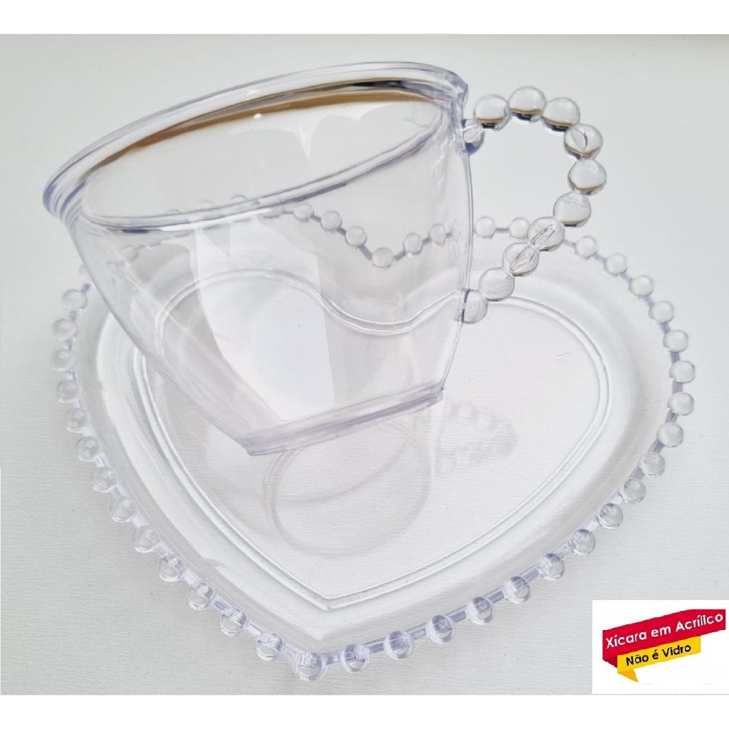 Canto do Cafe Kit 6 Xícaras ACRÍLICO 120ml + 6 Pires Coração com Borda de Bolinhas um charme ideal para presentear cantinho do café diversas cores
