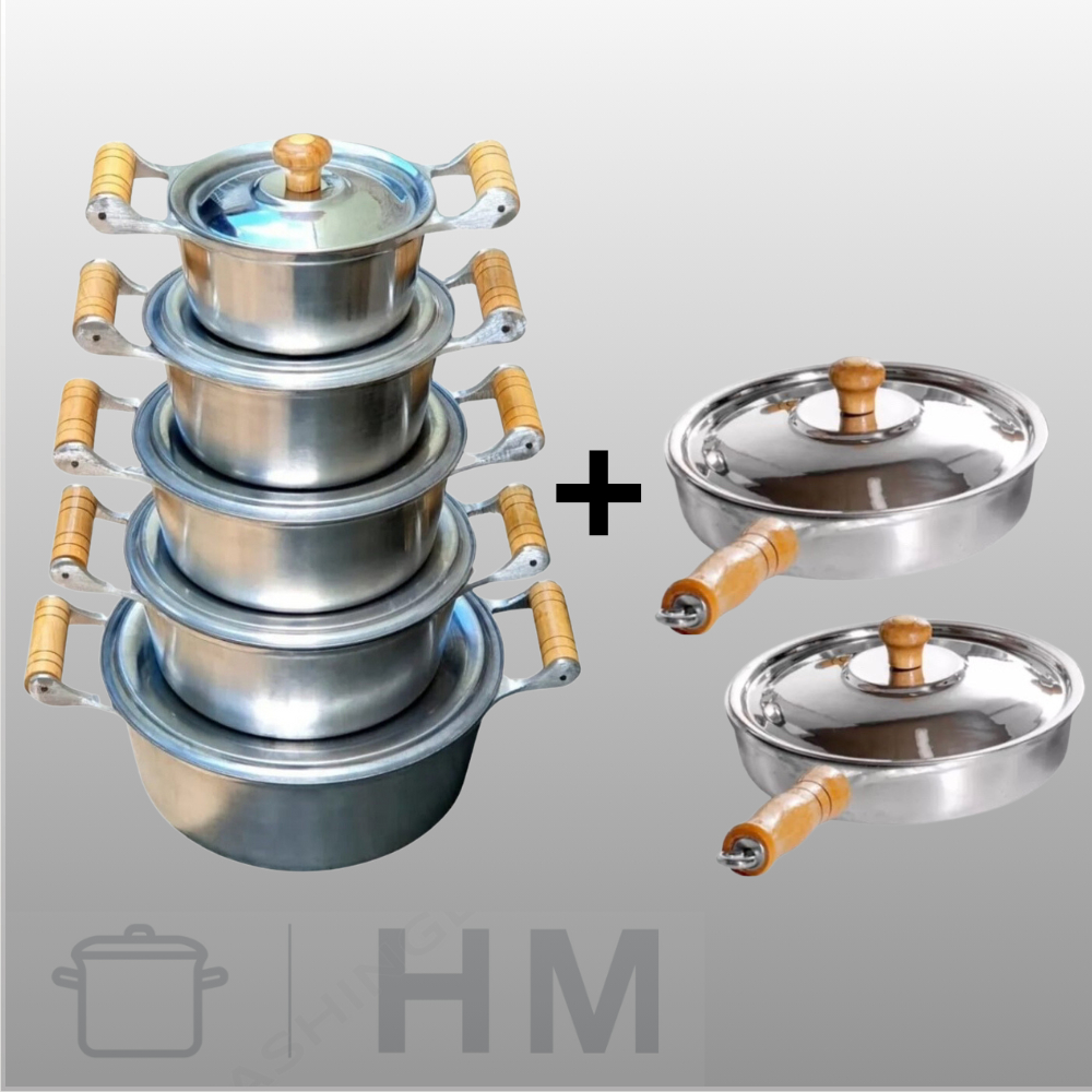 Imagem Jogo de Panelas Alumínio Batido Fundido + 2 Frigideiras Grossas com Pegadores De Madeira/LINHA PREMIUM