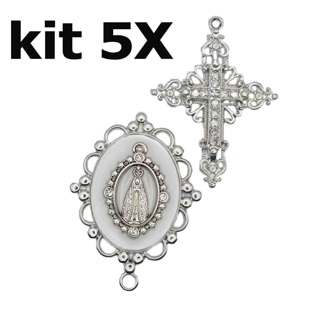 kit 5 Entremeios de Nossa Senhora Aparecida Crucifixo niquelado de strass para terços acabamento top