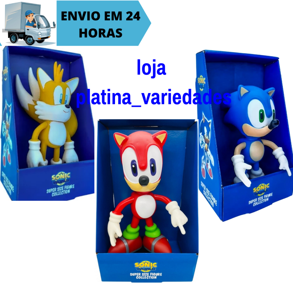 Combo Kit 3 Bonecos Sonic e Tails e Sonic VermelhoCollection Grandes  Articulado 23cm Super Size  - Sonic World