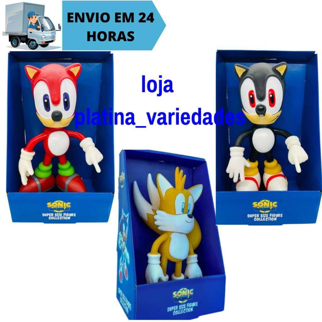 Combo Kit 3 Bonecos  Tails e Sonic Vermelho e Sonic Preto Grandes  Articulado 23cm Super Size Sonic