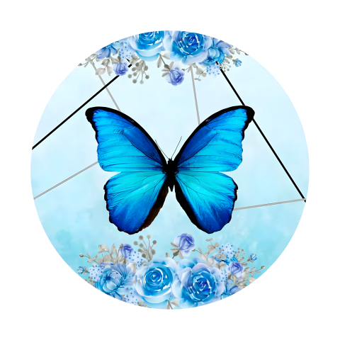 Painel Festa Infantil Redondo Borboleta Azul Flores e Formas  + Arco, Suporte incluso. Fazemos personalizado com qualquer tema. Confeccionado em Lona fosca, impressão de alta resolução. cenário Circular p/ Decoração