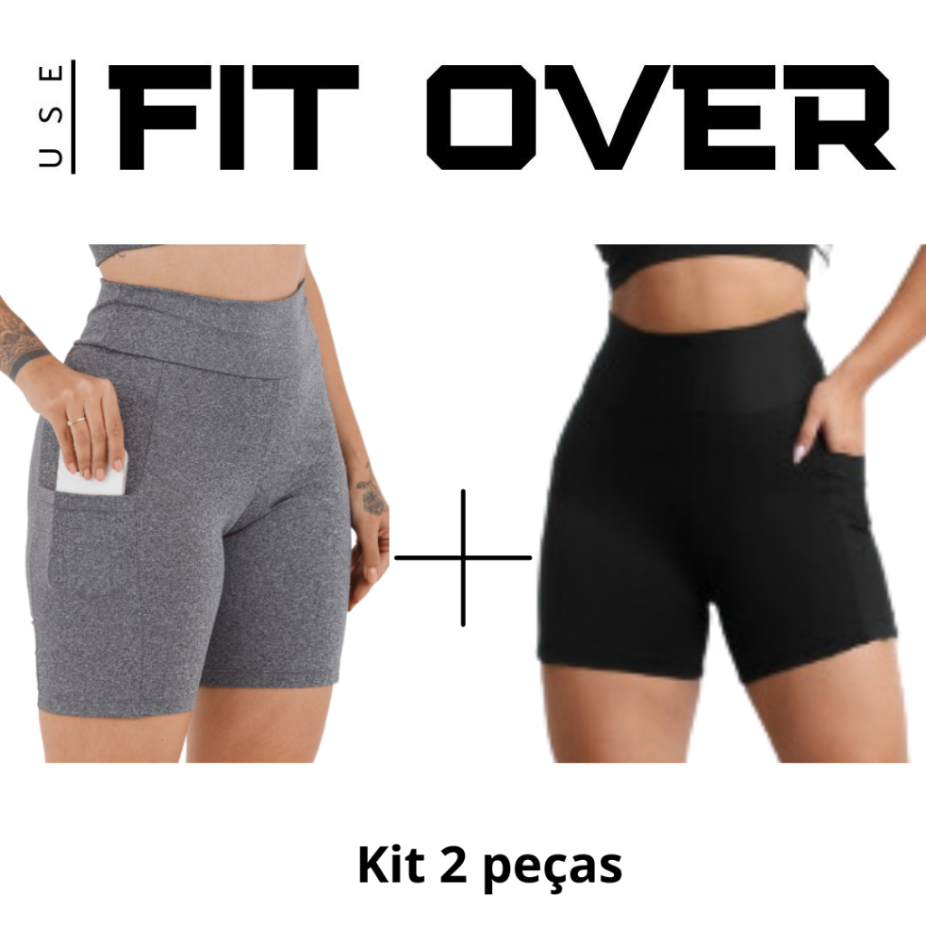 Kit 2 shorts fitness feminino com bolso - bermuda meia coxa cós alto - corrida - suplex - academia cross fit - fit over