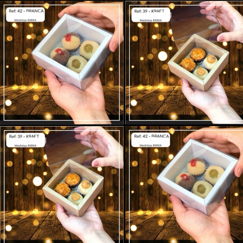 5~30 CAIXAS PARA 4 DOCES MOLDURA BRANCA/KRAFT  BORDA 8x8x4 REF