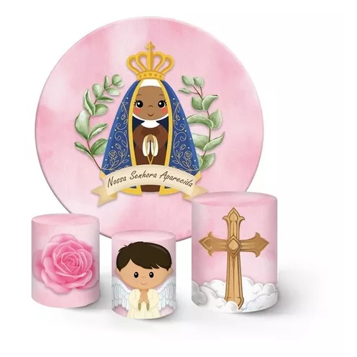 Kit Capa De Painel Redondo + Trio Capa De Cilindro Decoração De Festa Tema Nossa Senhora Aparecida