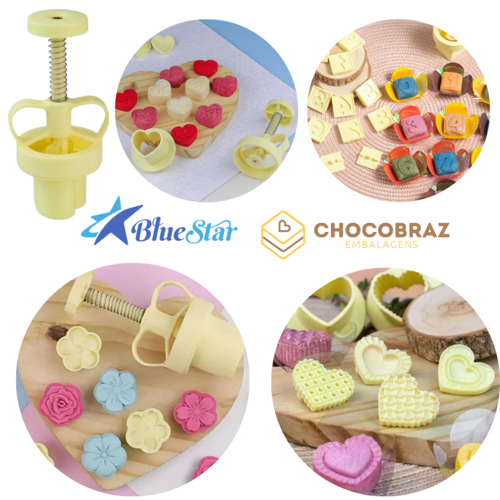 Kit Ejetor Molde Para Massas Brigadeiro e Doces Blue Star Max Flor Coração Arabesco Docinhos Gourmet