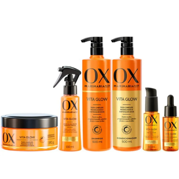 OX Vita Glow Mari Maria - Kit completo (Sh+Cond500ml,Cr de Trat. 190gr+Sérum Rec. 110ml+Tonico Fort. 30ml+Óleo Rep 60ml) em Oferta na Shopee