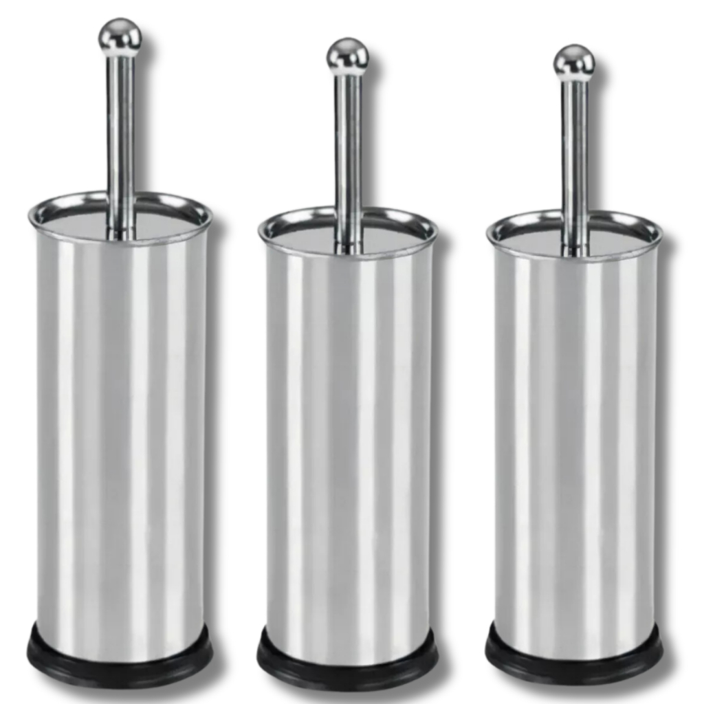 Kit 3 Escova Sanitária Vaso Limpeza Banheiro Higienização Em Aço Inox C/ Suporte e Tampa
