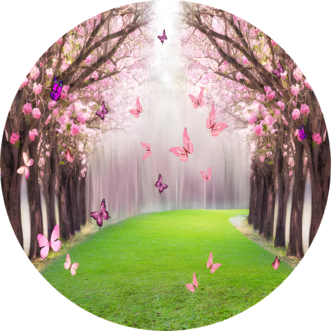 Painel Festa Infantil Redondo Caminho e Borboletas  Rosa + Arco, Suporte incluso. Fazemos personalizado com qualquer tema. Confeccionado em Lona fosca, impressão de alta resolução. cenário Circular p/ Decoraçã