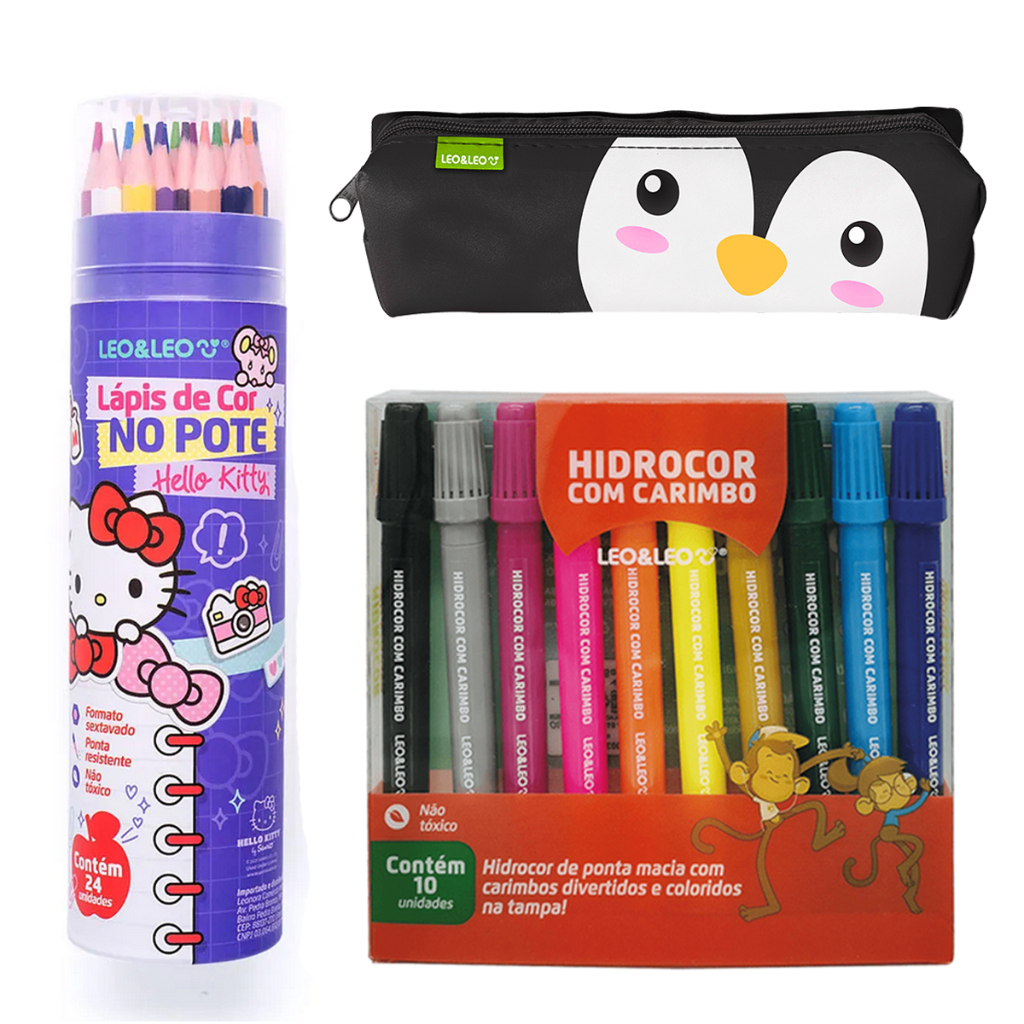Lapis De Cor Hello Kitty + Canetinha Com Carimbo + Estojo Tematico - Leo e Leo
