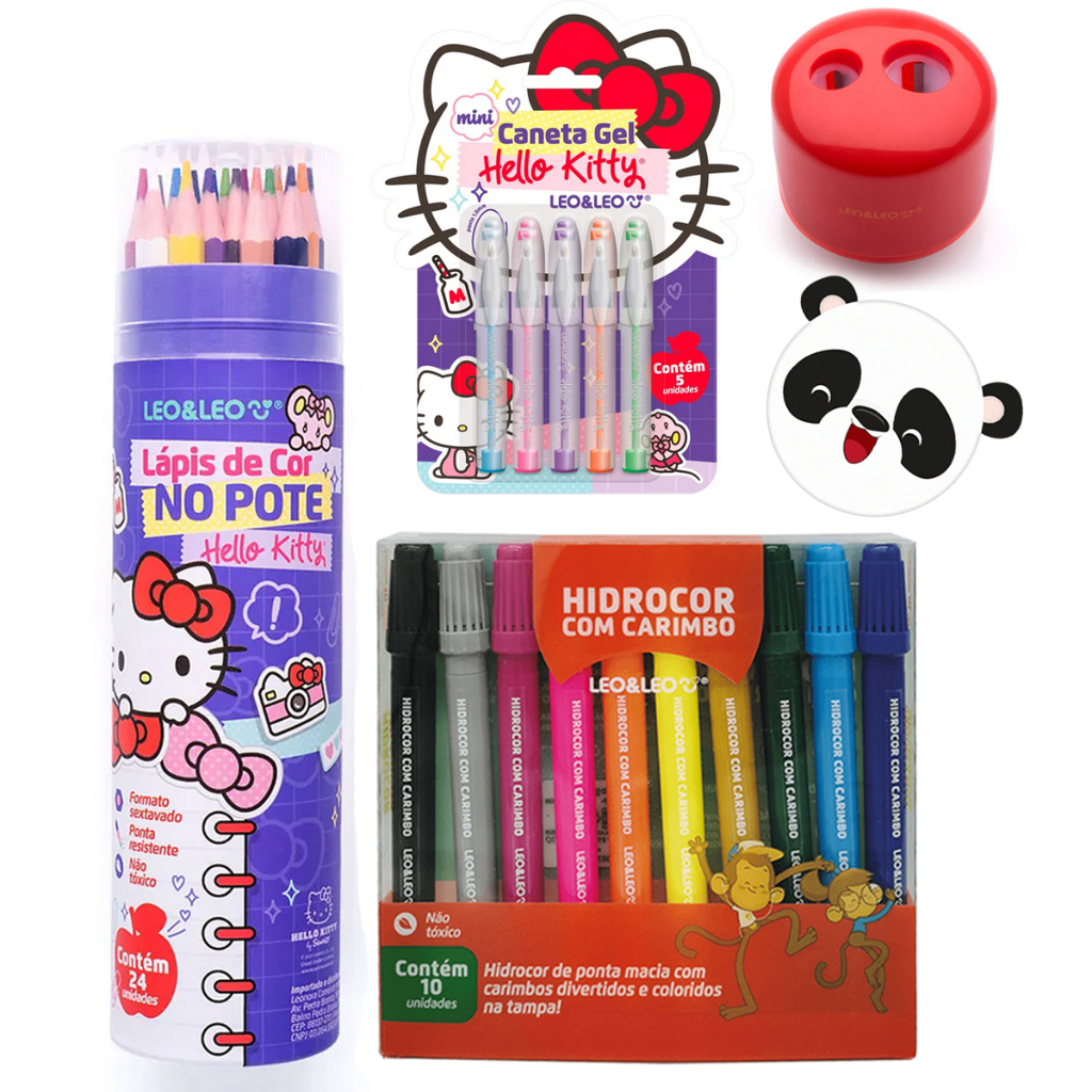 Material Escolar Infantil Hello Kitty Canetas Coloridas Lapis De Cor Canetinha com Carimbo - Leo e Leo