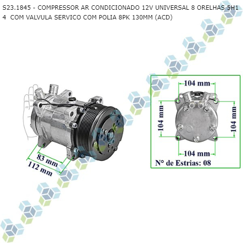 COMPRESSOR AR CONDICIONADO 12V UNIVERSAL 8 ORELHAS 5H14COM VALVULA SERVICO COM POLIA 8PK 130MM (ACD)