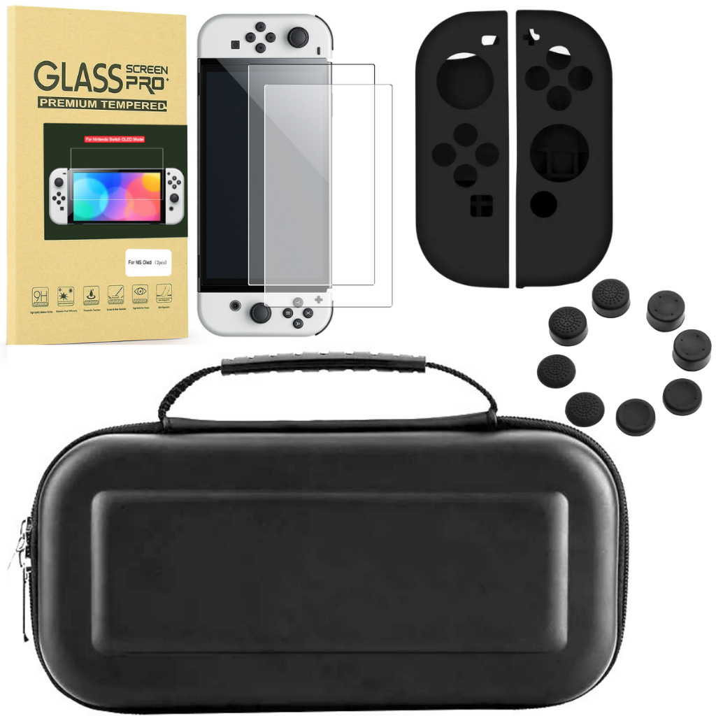 Kit Case Nintendo Switch Pelicula Oled Grip Silicone Joy Con