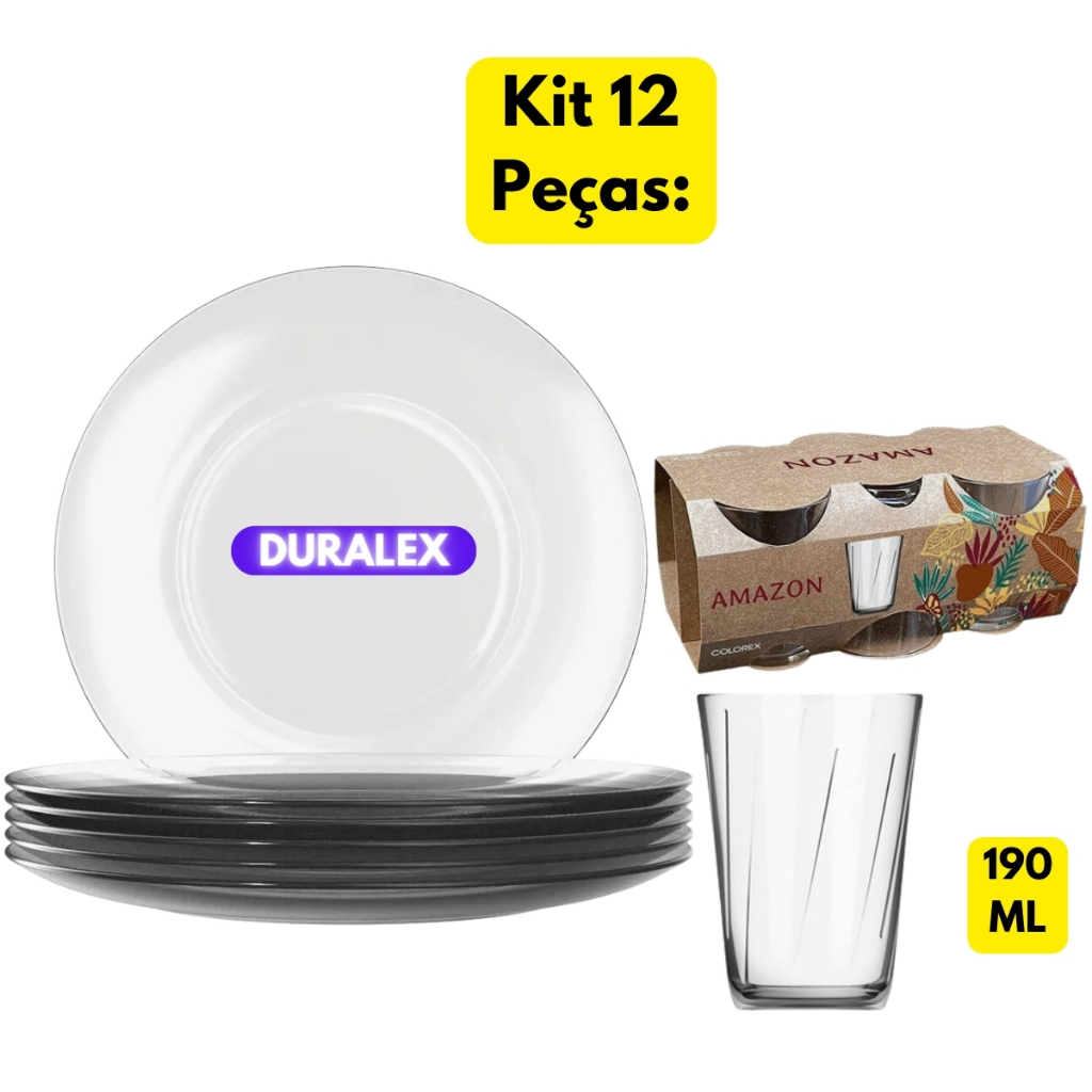 Jogo Kit 12 Peças 06 Pratos Raso Transparente Astral+06 Copos Amazon 190ML Duralex Vidro Temperado Almoço Jantar Refeição Refeitório