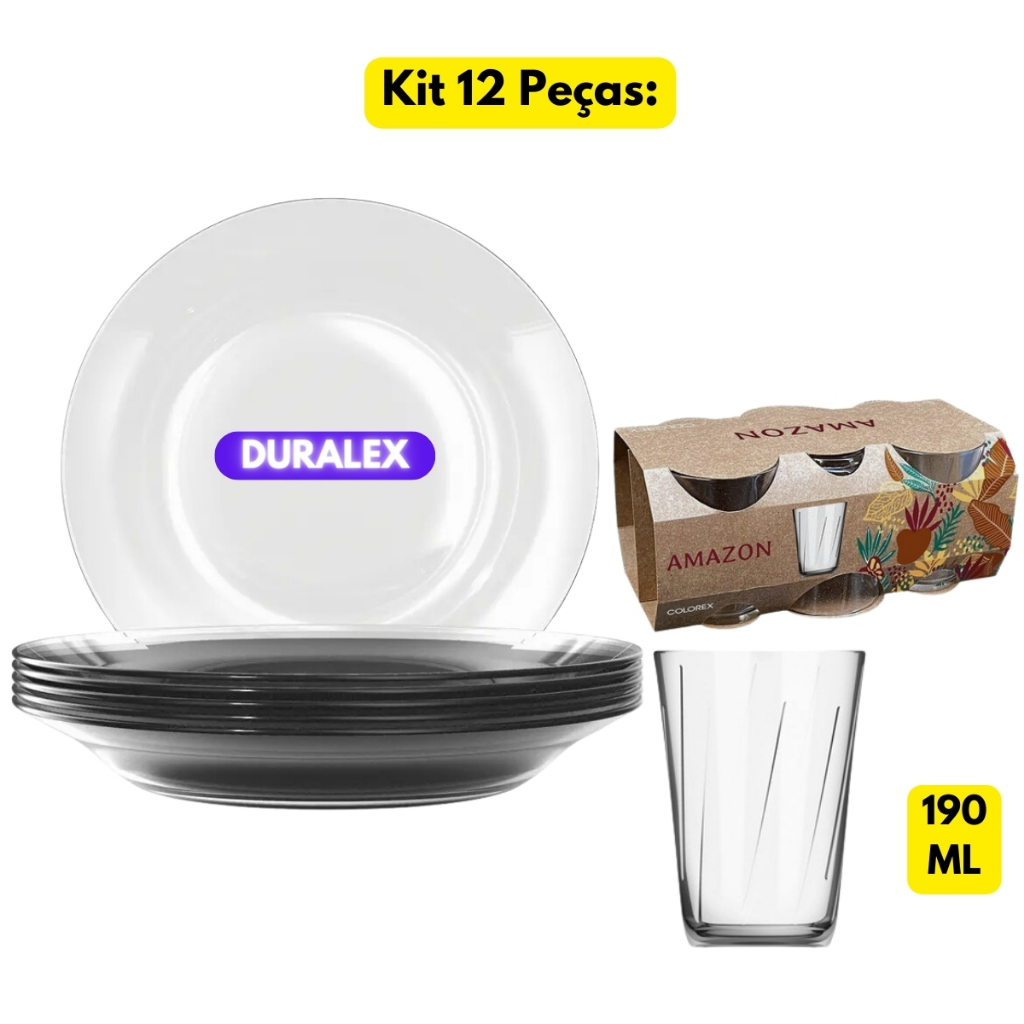 Jogo Kit 12 Peças 06 Pratos Fundo Astral Transparente Duralex Vidro+06 Copos AZ 190ML Duralex Almoço Jantar Refeitório Restaurante Hotel