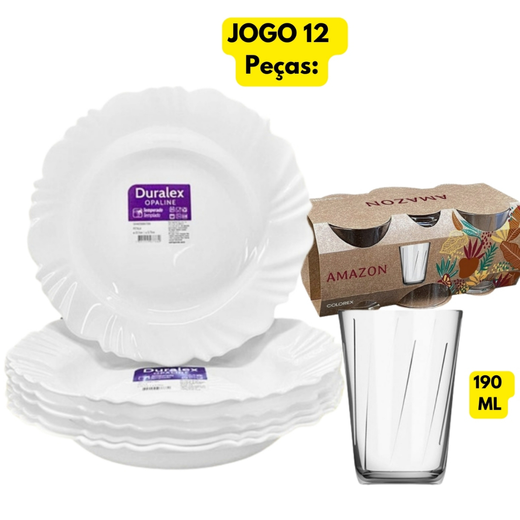 Jogo Kit 12 Peças 06 Pratos Branco Fundo Pétala+06 Copos AZ 190ML Vidro Temperado Duralex Almoço Jantar Refeição Refeitório