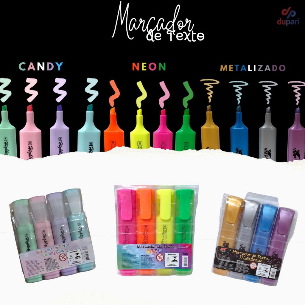 Marcador de Texto Marca Texto Colorido Candy Colors Metalizado Neon Escritório Kit Material Escolar em Oferta na Shopee