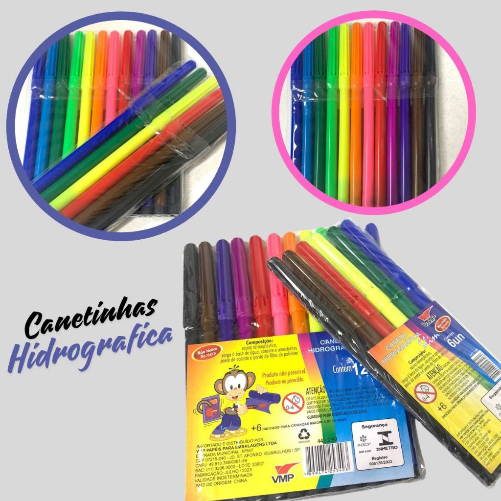 Canetinha Hidrocor Com 12 Cores Coloridas VMP Desenhos Pintar Canetinha Escolar Material Criança em Oferta na Shopee