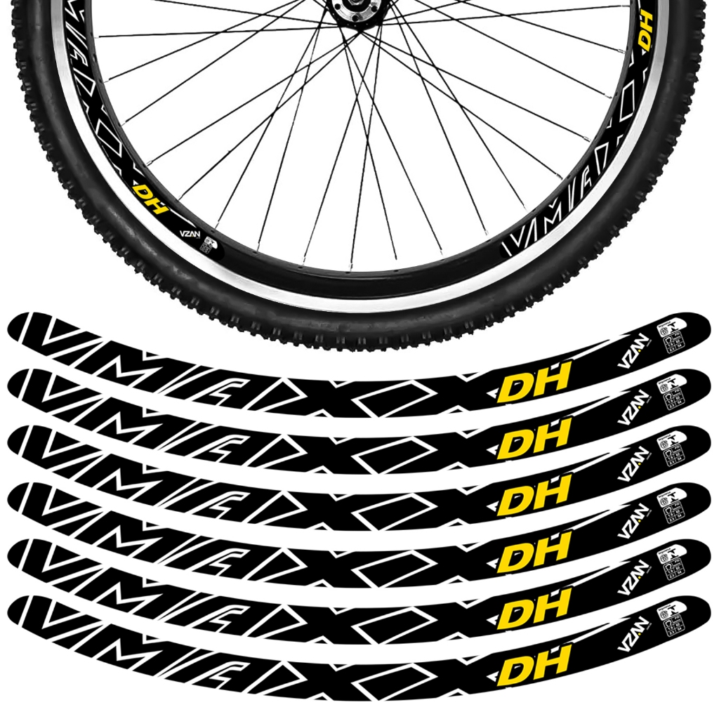 Kit 12 Adesivos Vmaxx Roda Bike Vzan Dh Vbrake Bicicleta Ciclismo Aro 24 26 29 Preto e Amarelo