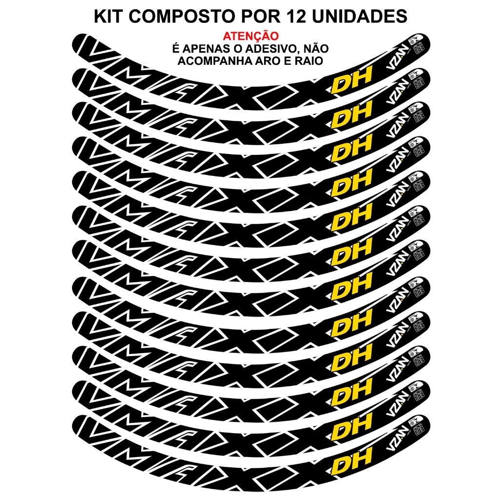 Kit 12 Adesivos Vmaxx Roda Bike Vzan Dh Freio a Disco Bicicleta Ciclismo Aro 26 29 Preto e Amarelo · foto 2