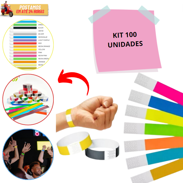 Kit 100 Pulseiras De Identificação Tyvek Lisa para Festas e Eventos Baladas