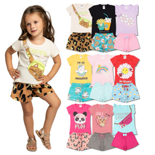 Kit Sortido 8 Peças de Roupas Infantil Menina - 4 Camisetas + 4 Bermudas - Kit com 4 Conju...