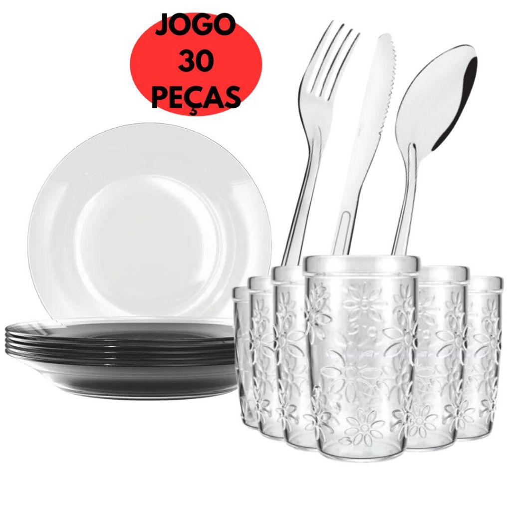 Jogo Aparelho Jantar 30 peças C/ 06 Prato Fundo Astral Vidro Duralex + 06 Copo Nature 270ML+ 18 Talheres Oriente