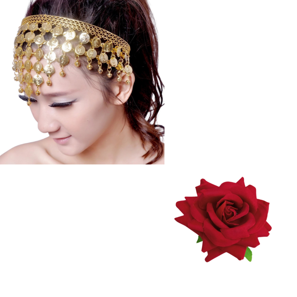 COMBO TIARA MOEDAS DOURADAS + FLOR VERMELHA VINHO AVELUDADA CIGANAS DANÇA DO VENTRE LUXO AXÉ UMBANDA CANDOMBLÉ