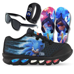 Kit Tênis Sonic Com Led Coloridas Reforçada + Chinelo,Relógio e Óculos presente dia das crianças