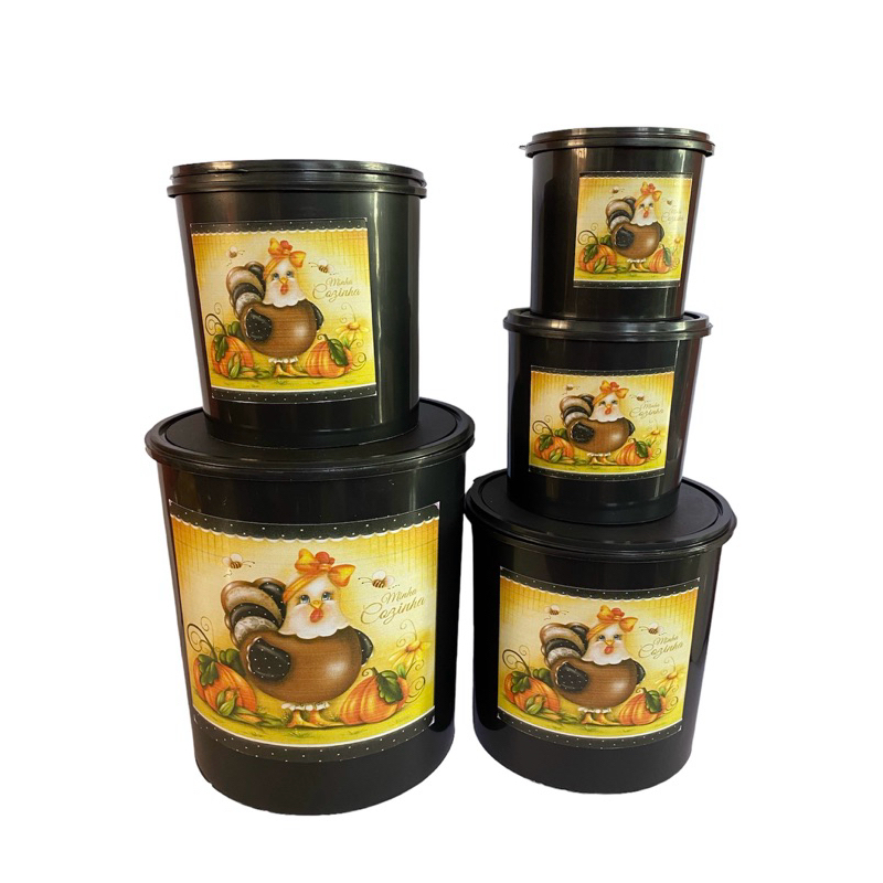 Jogo de Mantimentos para Cozinha 5 peças de plástico com decupagem, jogo de lata, porta mantimentos, estampa de galinha