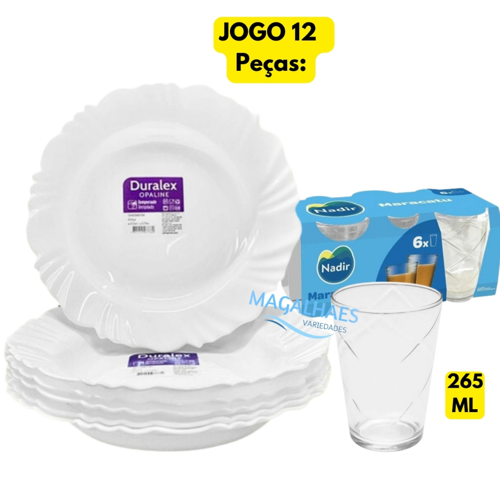 Jogo Kit 12 Peças 06 Pratos Fundo Branco Pétala+06 Copos Maracatu 265ML Vidro Temperado Duralex Almoço Jantar Refeição Refeitório