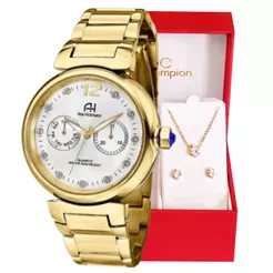 Relógio Feminino Dourado Champion Ana Hickmann A Prova D'Água Original + Conjunto Colar e Brincos AH30175H