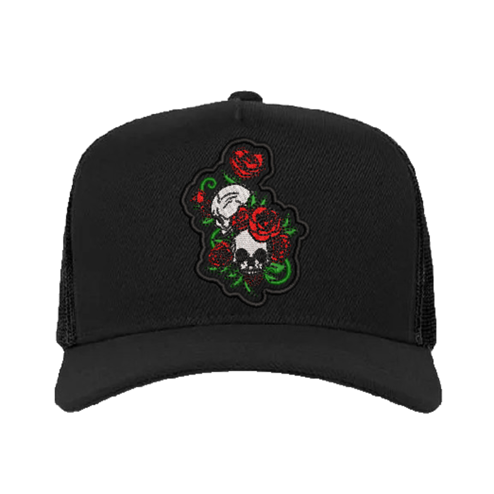 Boné Bordado Trucker -  Caveira Rosa Vermelha Rock