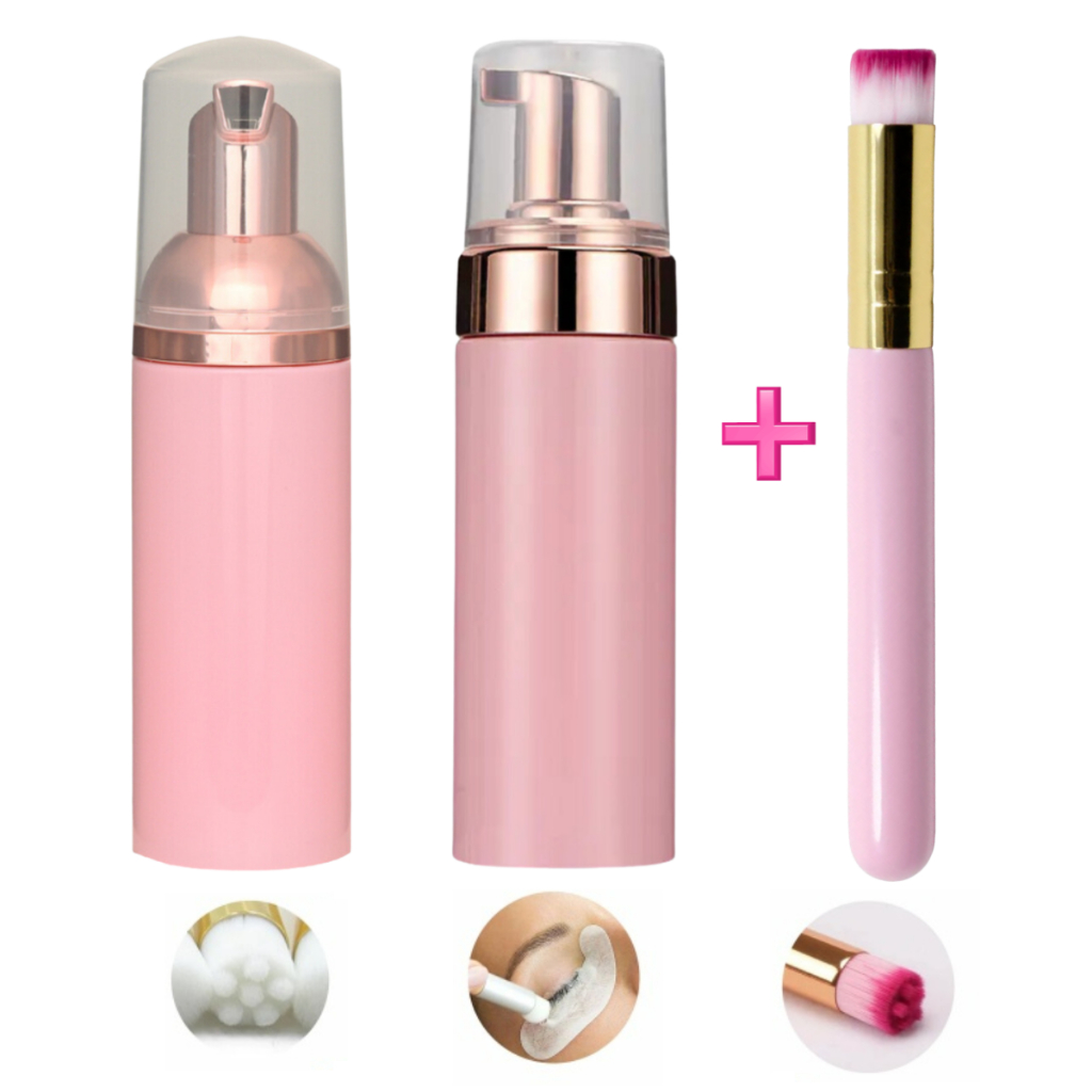 Kit - Pump Frasco Espumador 60ml ROSA + Pincel de Limpeza Alongamento Extensão Rosé Gold