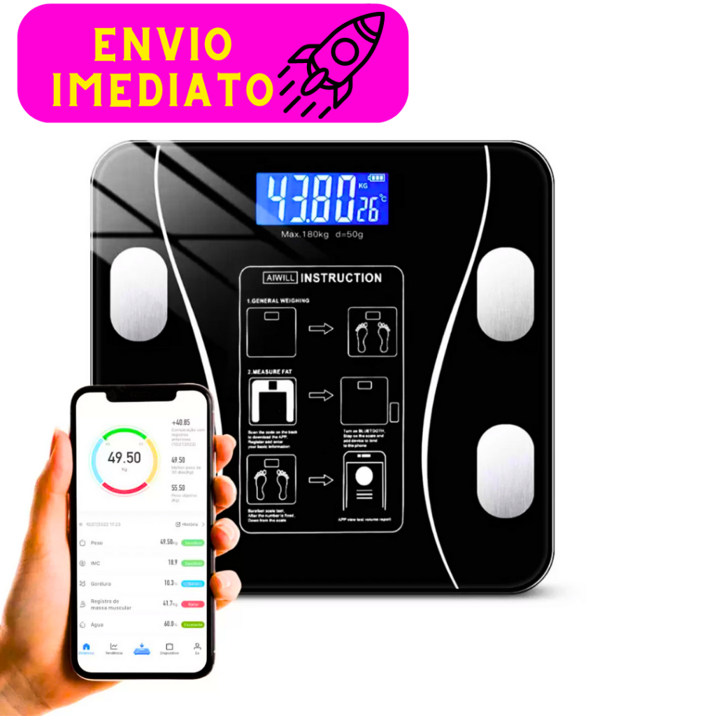 Balança Bioimpedancia Digital Bluetooth Corporal até 180kg Resultado Pelo Celular