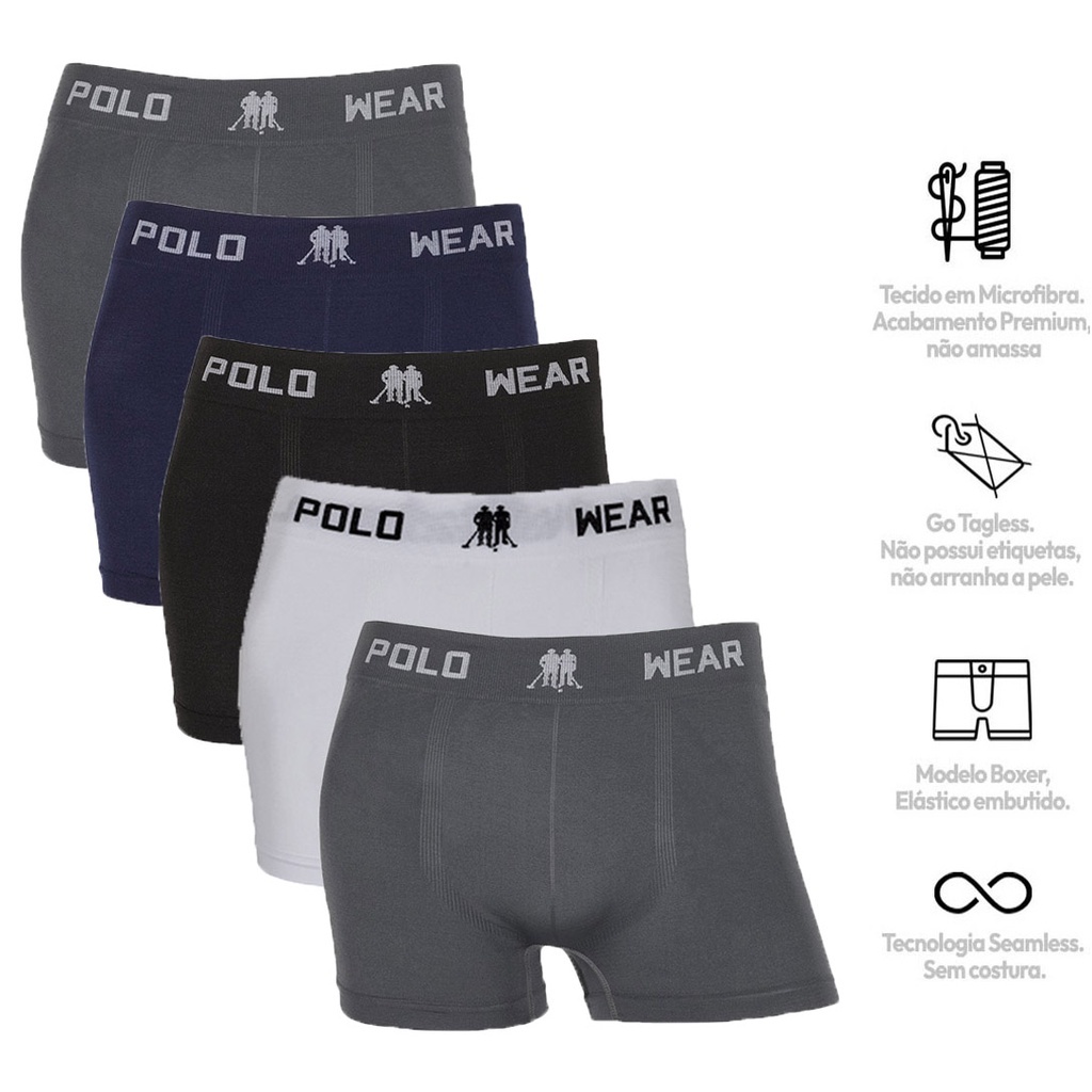 Kit 5 Cuecas Boxer Polo Wear Lisa Microfibra Masculina Sem Costura