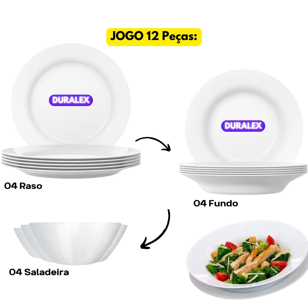 Jogo Kit 12 Peças 04 Pratos Fundo Branco Menu+04 Pratos Raso+04 Cumbuca Saladeira Vidro Duralex
