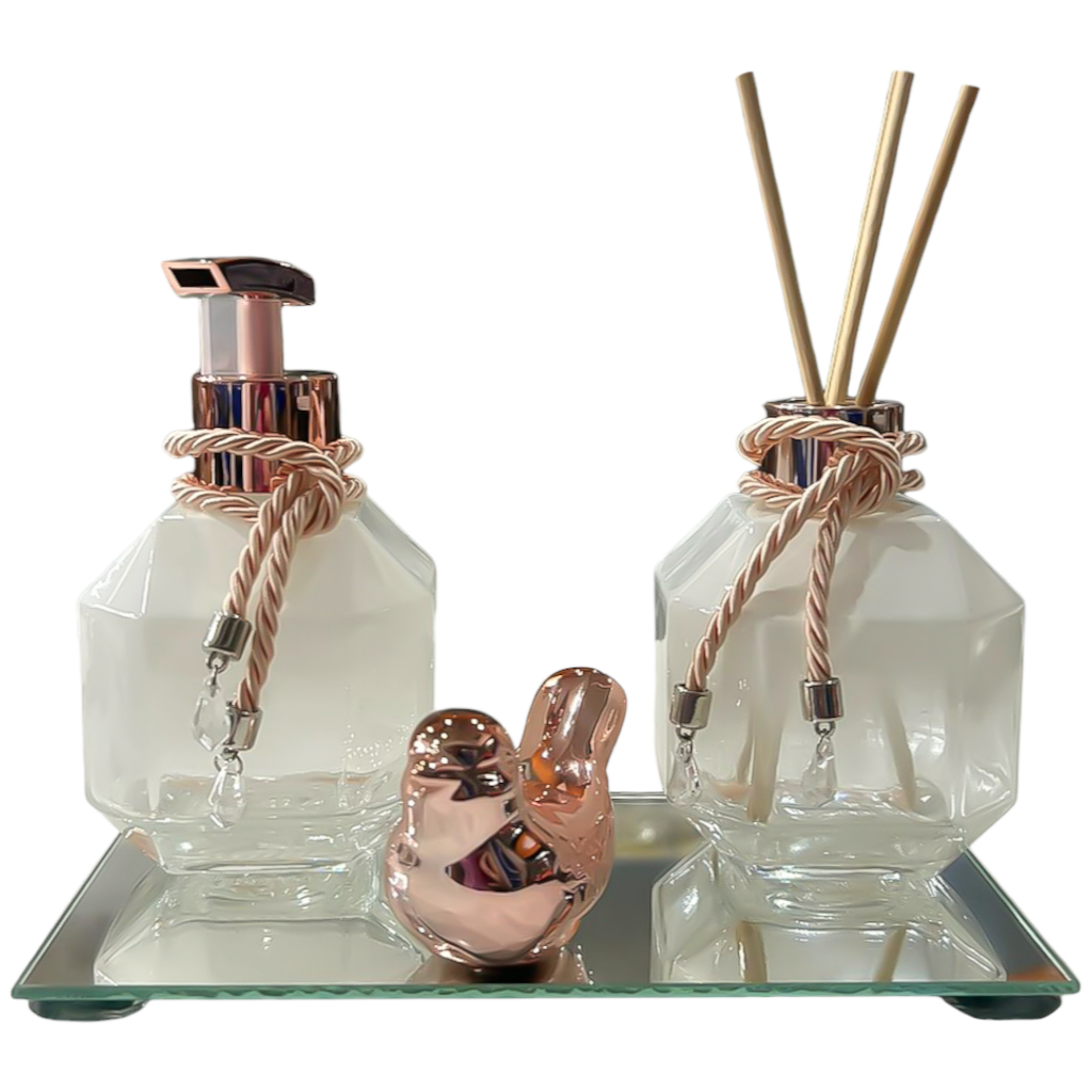 Banheiro Kit Luxo Vidro Scarlet 250ml Com Rose Gold Difusor Ambiente Saboneteira Bandeja Passarinho