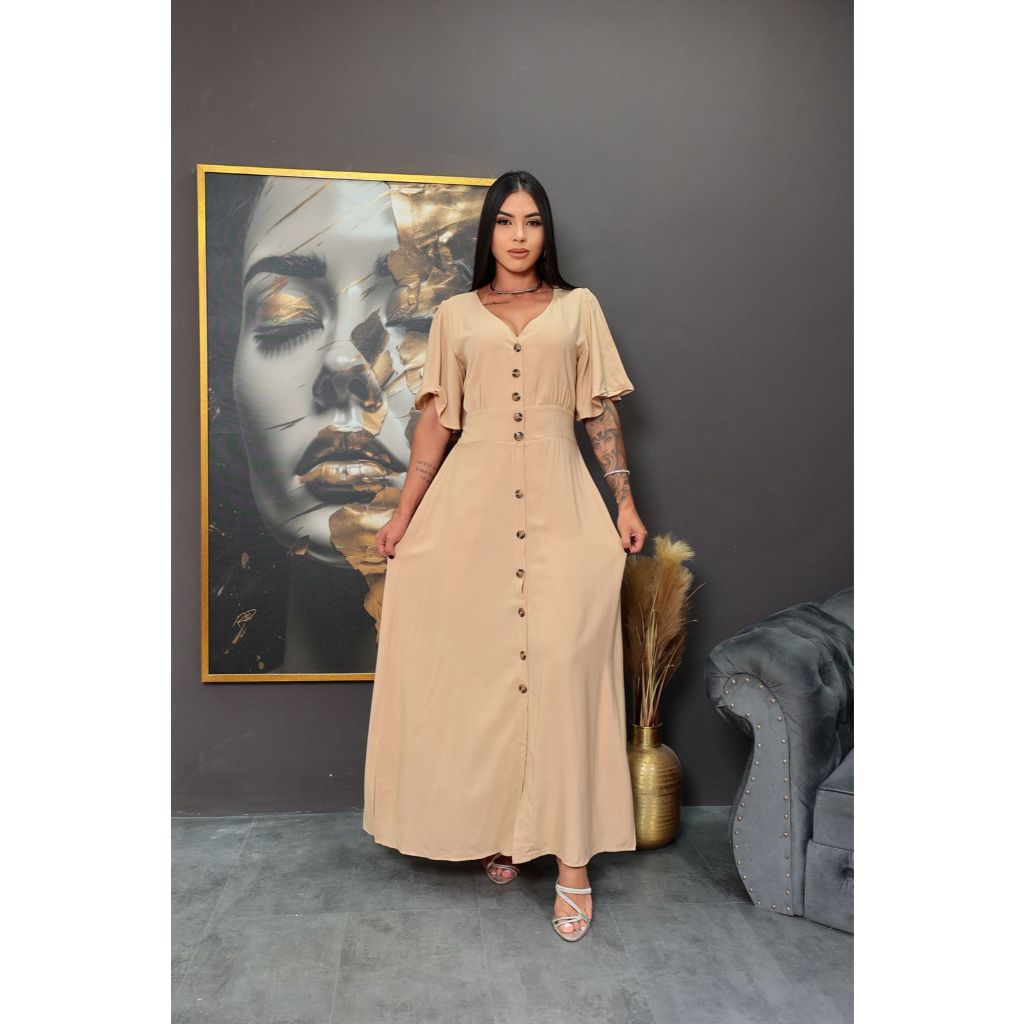 R13  Vestido Longo Monda Feminina Com Botões  tecido Duna Forrado Manga Flare em Oferta na Shopee