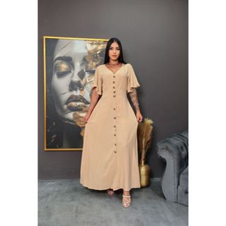R13  Vestido Longo Monda Feminina Com Botões  tecido Duna Forrado Manga Flare em Oferta na Shopee