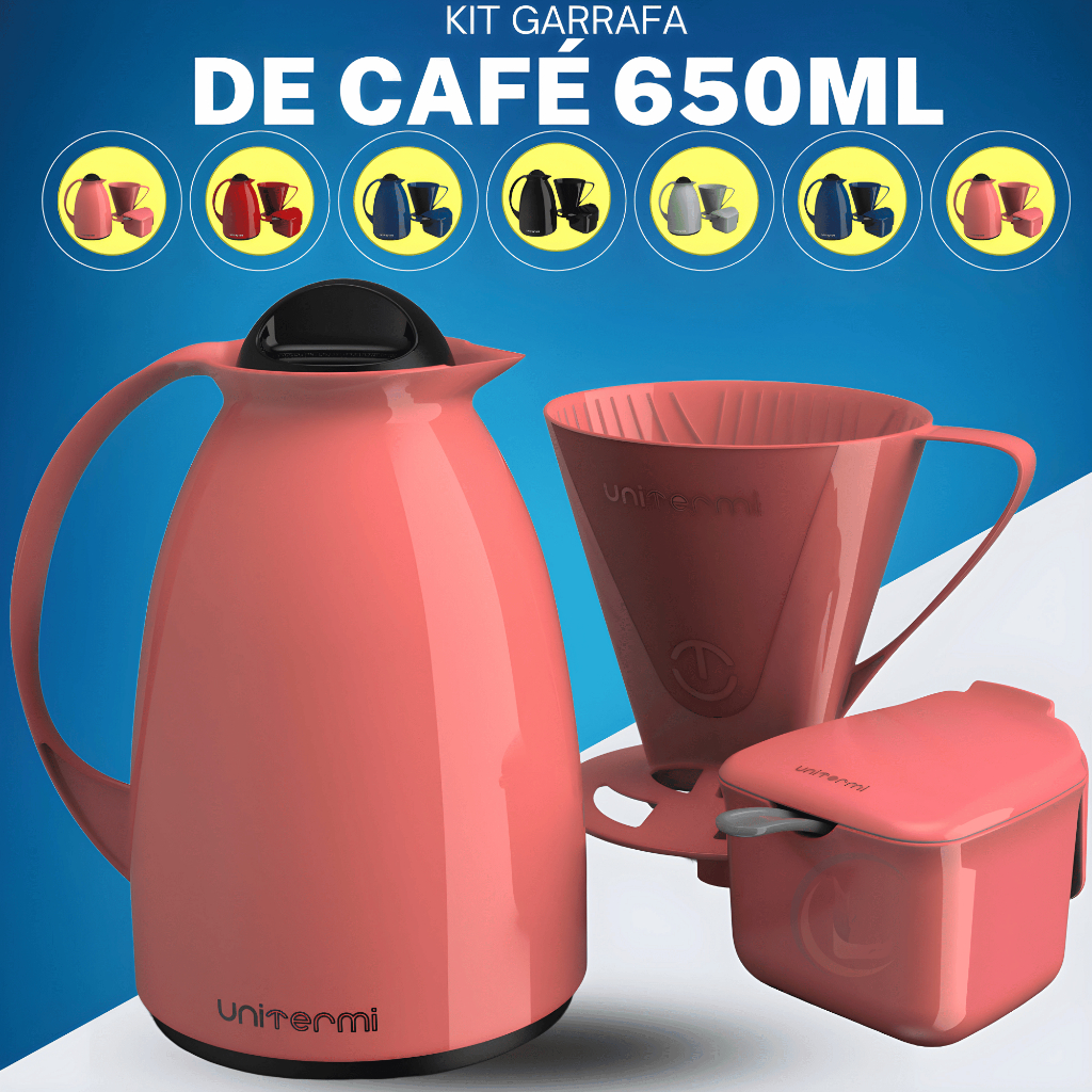 Garrafa de café Kit Café Prático 3 Peças C/ Garrafa Térmica 650ml Suporte p/ Filtro Açucar...