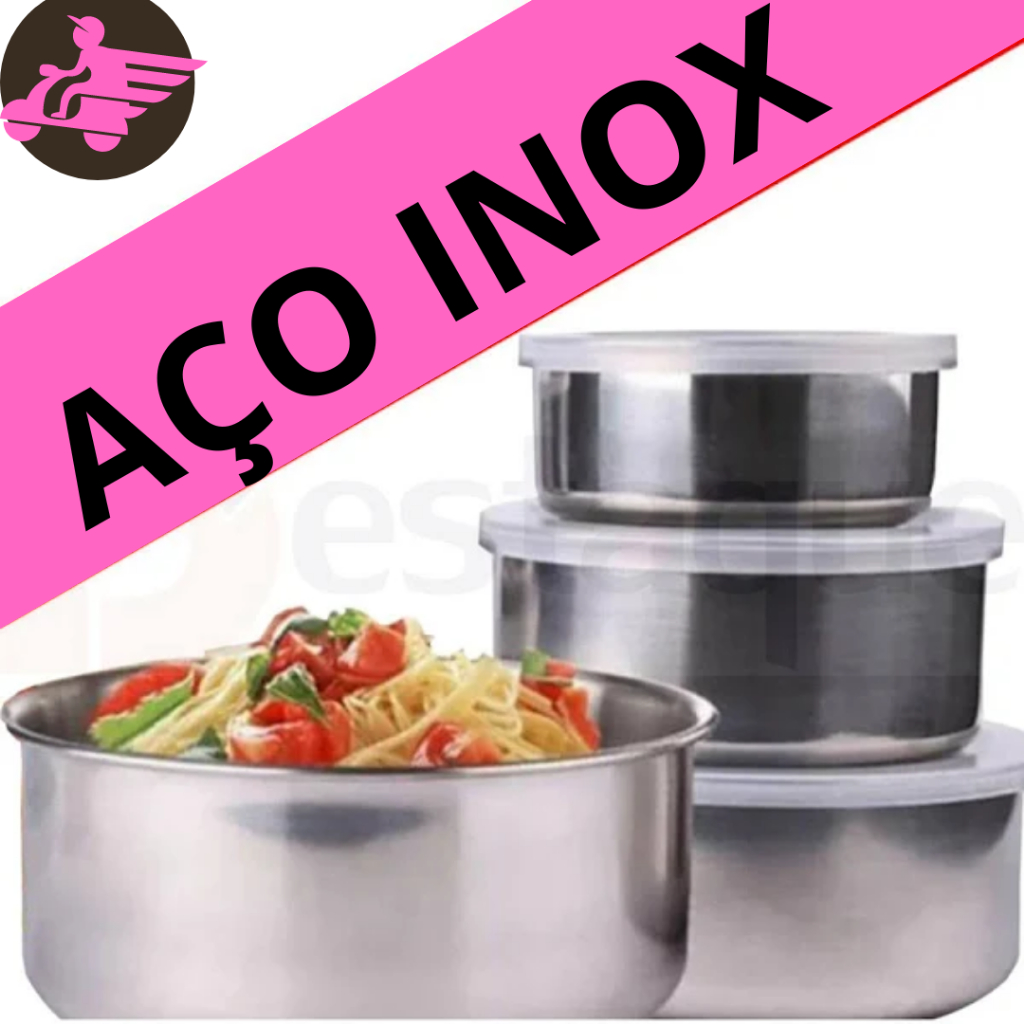 kit 5 Potes Inox com Tampas Para Armazenar Comida Utilidades Domesticas